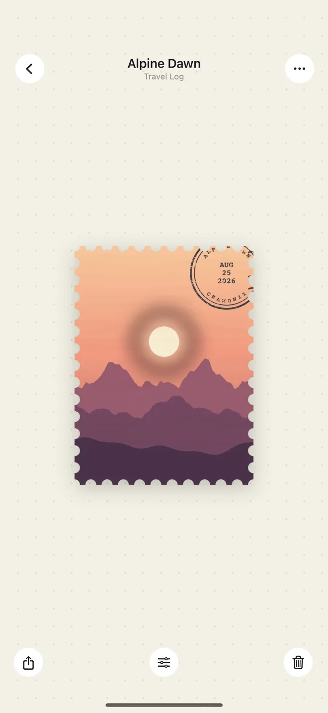 A finished stamp on its detail page: a mountain at sunrise, perforated, with a postmark over one corner.